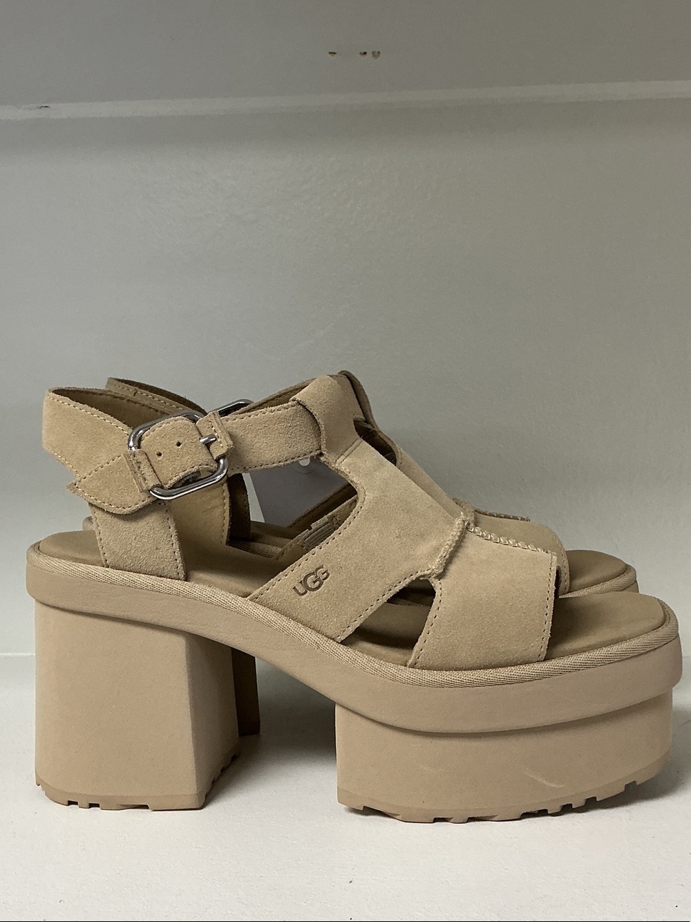 UGG Beige Suede Platform Sandal with Buckle